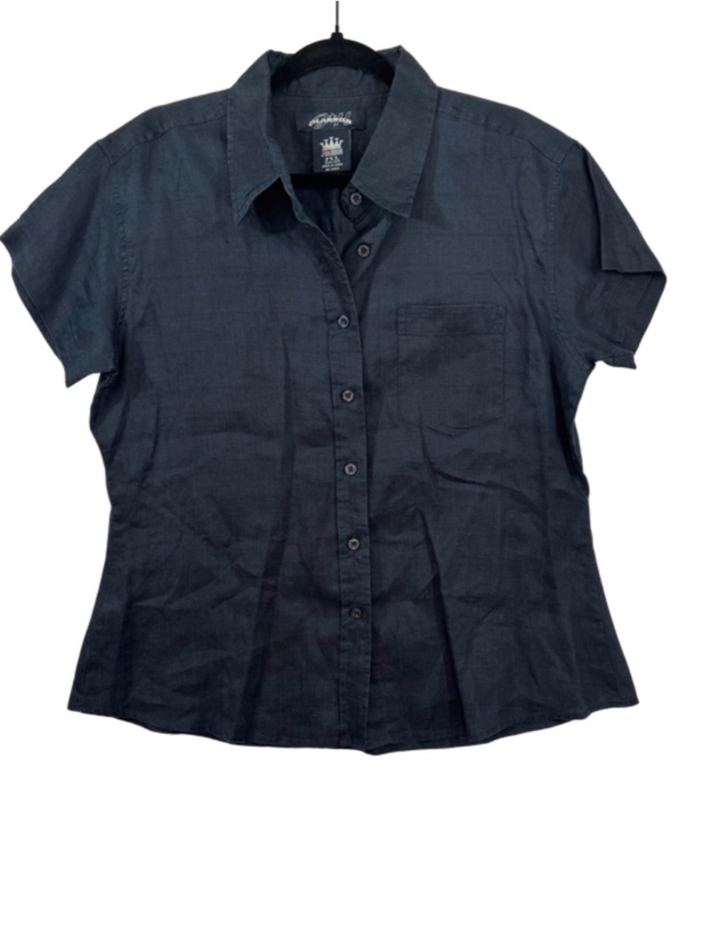JHARBOR 2XL Black Linen Button Front Blouse Short Sleeve Top